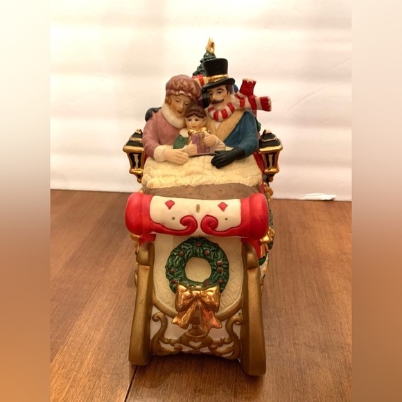 Bisque Ceramic Family in Christmas Sleigh Music Box - Picture 2 of 5